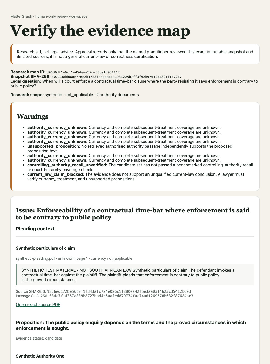 The top of the MatterGraph review workspace: a boundary notice reading research aid, not legal advice; the research map identifier and fingerprint; the legal question; and a warnings box listing unsupported proposition, authority currency unknown, and current-law claim blocked.